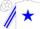Silk - White, blue 't/e' in blue star, blue star stripe on sleeves