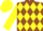 Silk - Brown, yellow band of diamonds, yellow sleeves, brown cuffs, yellow cap, brown peak