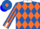 Silk - Royal blue,orange band of diamonds,striped sleeves,white collar and cuffs,orange and white checked diamond cap,blue peak