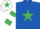 Silk - Royal blue, emerald green star, white and emerald green hooped sleeves, white cap, emerald green star