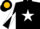 Silk - Black, gold 'srs' on black star on white ball, black and white diagonal quartered sleeves