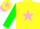 Silk - yellow, pink star, green sleeves,pink cuffs,yellow cap,pink star and peak