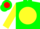 Silk - Green, red 'jjg' on yellow ball, red and green hoops on yellow sleeves
