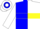 Silk - Blue and white halves, yellow hoop, yellow bars on white sleeves
