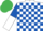 Silk - White and royal blue check, royal blue and white halved sleeves, emerald green cap