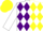 Silk - White, purple diamonds, white sleeves with yellow hoops, purple and yellow halved cap