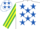 Silk - White, royal blue stars, emerald green and yellow striped sleeves, red cap, royal blue stars