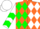 Silk - Orange and green diamonds, white sleeves, green chevrons, green and white halved cap