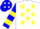 Silk - White, blue 'hb', blue and yellow stars, blue and yellow bars on sleeves
