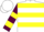 Silk - White, maroon and yellow hoops, maroon and yellow bars on sleeves