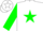 Silk - White, white 'jg' on green star, white 'garza' on green sleeves