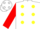 Silk - White,  red heart, yellow 23 ,yellow dots on red  slvs