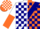 Silk - White and orange halves, navy blue sash, navy blue blocks on white and orange halved sleeves
