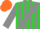 Silk - Lime green, orange framed grey sash, orange 'b/g' on orange framed grey ball, grey stripes on sleeves