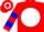 Silk - Red, white ball and blue 'yhr', red sleeves, blue hoop