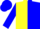 Silk - Yellow, blue diagonal halves, blue 'wkf', yellow and blue opposing sleeves, blue cap