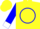Silk - Yellow, blue 'rta' in circle frame, white cuffs on blue sleeves, yellow cap