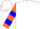 Silk - White, white ship, red dot, orange trim on blue water, orange and blue bars on sleeves