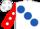 Silk - White, large royal blue spots,  red sleeves, white dots