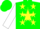 Silk - Green, yellow 'rs rs', yellow star on white cloud, yellow stars on white sleeves, green cap