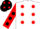 Silk - White with red dots, red sleeves with black dots, black cap, red dots