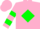 Silk - Pink, green 'f' in diamond frame, green bars on sleeves, pink cap