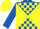 Silk - Royal blue and yellow diagonal quarters, yellow blocks on royal blue sleeves, royal blue hoops on yellow cap