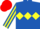 Silk - royal Blue, yellow diamond hoop,royal blue sleeves, yellow stripes, red cap