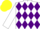 Silk - White, purple diamonds, yellow bars on white sleeves, purple and yellow cap