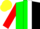 Silk - green and black halves, white stripe, red sleeves, red yoke, yellow cap