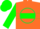 Silk - Flourescent orange, lime green circle and 'r', green hoop on sleeves, orange and green cap