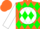Silk - Orange, orange 'd' on white ball, green diamonds on white sleeves, orange cap
