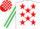 Silk - White, red stars, white and emerald green striped sleeves, red and white check cap