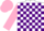 Silk - White and purple blocks, pink sleeves, two purple hoops, pink cap