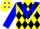 Silk - Yellow, blue chevron on front, blue 'riversedge racing stables' on back, black diamonds on blue sleeves