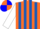 Silk - Orange, royal blue playing cards, royal blue stripes on white sleeves, orange and blue quartered cap