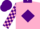 Silk - pink, purple diamond and collar, checked sleeves, purple cap, pink peak