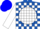 Silk - Royal blue with white ball, white blocks on sleeves, blue cap, white peak