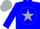 Silk - Blue, white 'cosmic hoofprints', racehorse emblem on silver star framed ball, silver cap