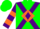 Silk - Green, orange diamond and  purple cross sashes, purple and orange bars on sleeves, green cap