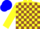 Silk - yellow and brown checked, yellow sleeves, blue cap
