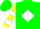 Silk - Green, yellow diamond in white diamond frame, yellow and white bars on sleeves, green cap