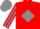 Silk - Red, black 'p' in gray diamond frame, gray diamond stripe on sleeves, gray cap