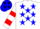 Silk - White, black 'painted sable', black framed blue stars, black framed blue stars & red hoops on slvs,