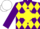 Silk - Purple, white & yellow trimmed diamond cross, white & yellow diamonds on purple sleeves, white cap