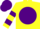 Silk - Yellow, purple ball,  purple hoops on sleeves, purple cap