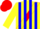 Silk - yellow, blue stripes, red sash, yellow sleeves, red cap