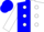 Silk - Blue, white halves, blue and white opposing 'wr' and dots, blue and white dots on opposing sleeves