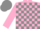 Silk - pink and grey checked, pink sleeves, grey cap