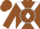 Silk - Brown, white circle 'p' on back, white cross sashes on front, white bar on sleeves, brown cap